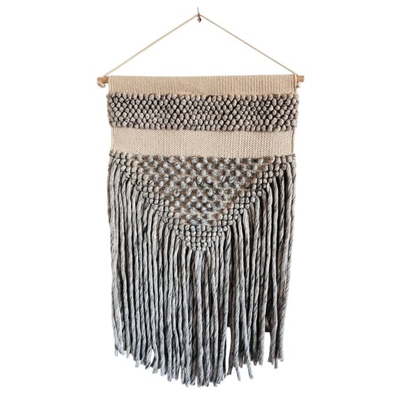Handwoven Macramé Wall Hanging With Tassels Beige & Gray Boho Decor Rope Design - Picture 1 of 8